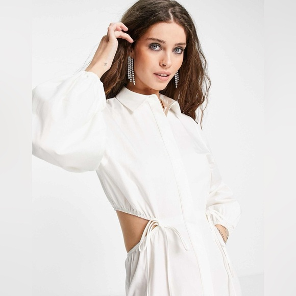 Topshop Ruched Cutout Long Sleeve Cotton Poplin Midi Shirtdress In White - Picture 3 of 10